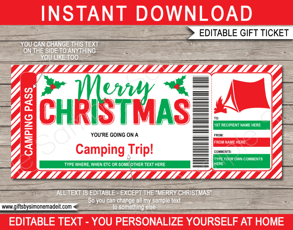 Christmas Camping Trip Ticket Template | Surprise Holiday Vacation Reveal Gift Idea | Camp Tent | DIY Printable with Editable Text | INSTANT DOWNLOAD via giftsbysimonemadeit.com