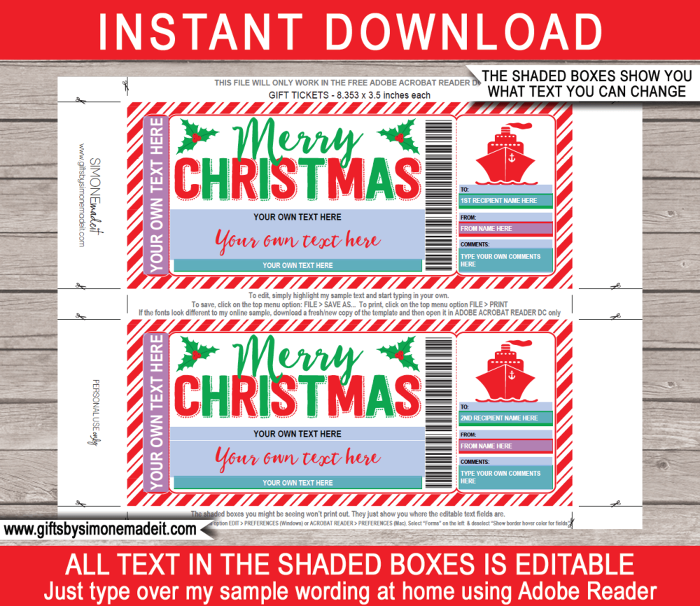 Surprise Christmas Cruise Ticket Template | Printable Gift Boarding Pass | Fake Ticket | Holiday, Vacation, Trip Reveal | INSTANT DOWNLOAD via giftsbysimonemadeit.com