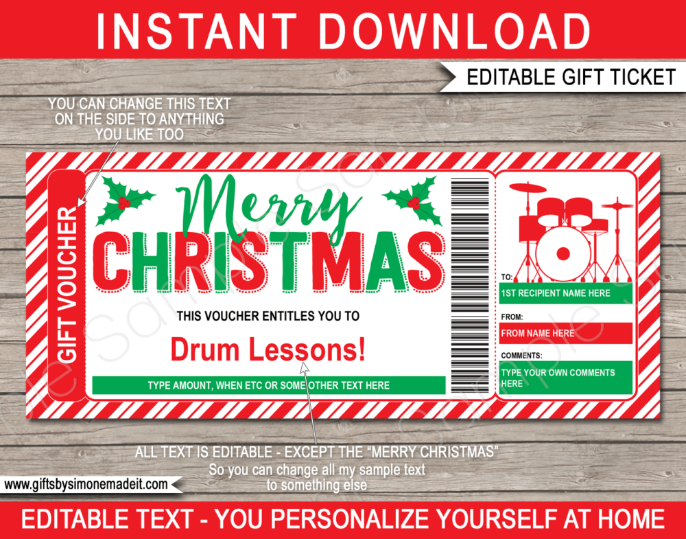 Christmas Drum Lessons Gift Voucher Template | Printable Music Drumming Gift Certificate Card | DIY Printable with Editable Text | INSTANT DOWNLOAD via giftsbysimonemadeit.com
