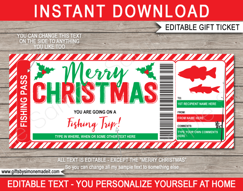 Christmas Fishing Trip Ticket Template | Surprise Fishing Trip Reveal Gift Idea | Card Voucher Certificate | Fake Faux Pretend Ticket | DIY Editable & Printable Template | Instant Download via giftsbysimonemadeit.com