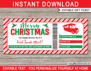 Christmas Food Truck Ticket Template | Printable Meal Voucher Certificate | DIY Gift Card Certificate with Editable Text | Dinner Lunch Ticket for Staff, Work Colleagues, Teacher Appreciation | Restaurant Dining | INSTANT DOWNLOAD via giftsbysimonemadeit.com