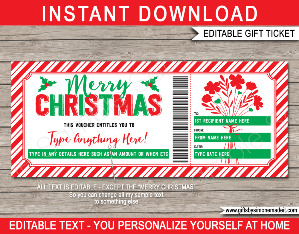 Printable Christmas Gift Voucher Template | DIY Gift Certificate with Editable Text | Experience or Last Minute Gift Idea | Flower Bouquet | INSTANT DOWNLOAD via giftsbysimonemadeit.com