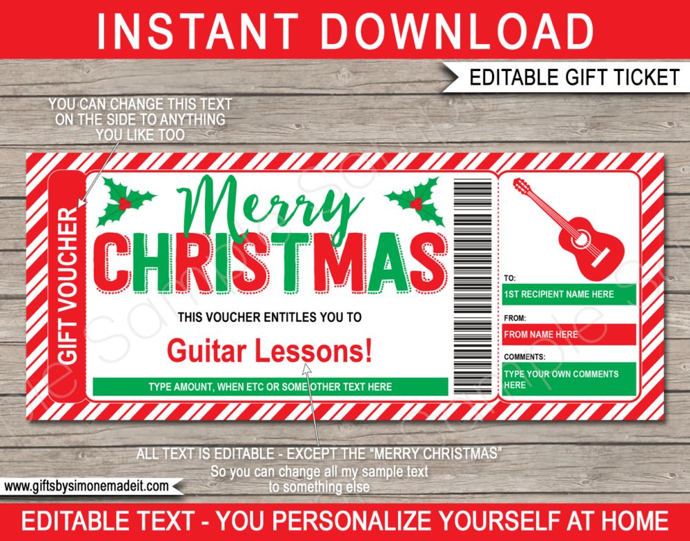 Christmas Guitar Lessons Voucher Template | Printable Gift Certificate Card | DIY Printable with Editable Text | INSTANT DOWNLOAD via giftsbysimonemadeit.com