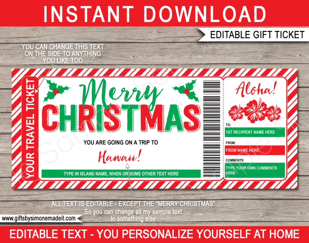 Christmas Hawaii Trip Ticket Template | Surprise Hawaii Vacation Reveal Gift Idea | Travel Ticket | DIY Printable with Editable Text | INSTANT DOWNLOAD via giftsbysimonemadeit.com