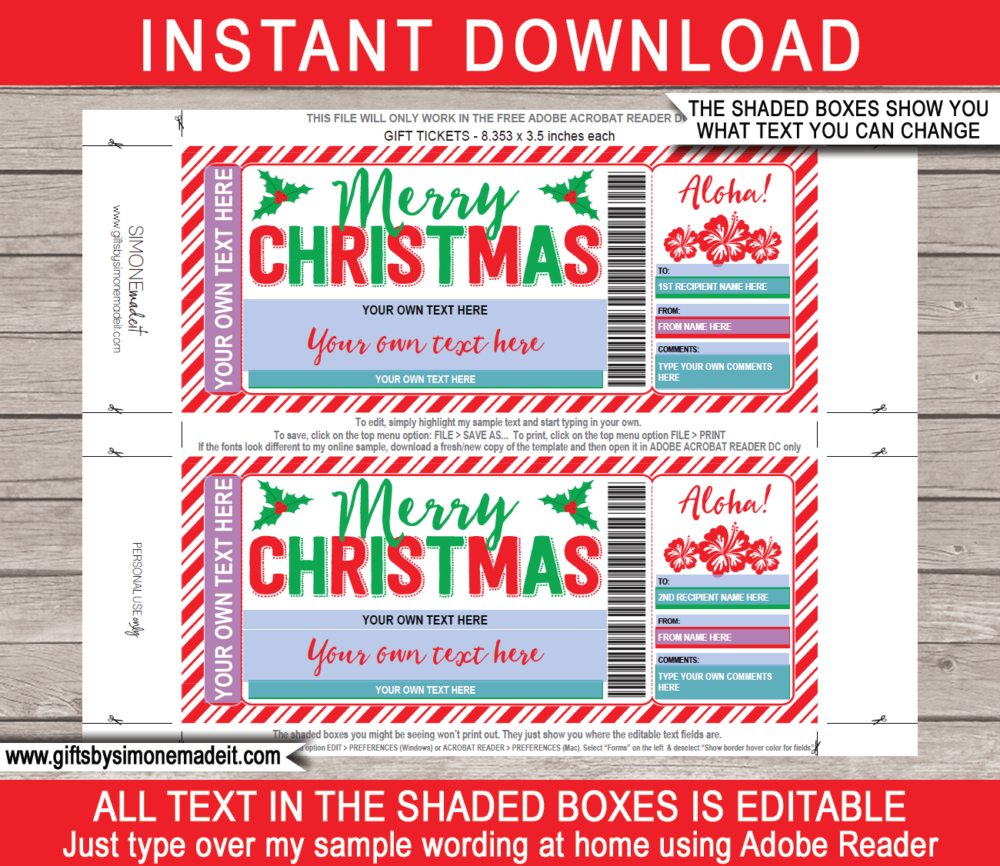 Christmas Hawaii Trip Ticket Template | Surprise Hawaii Vacation Reveal Gift Idea | Travel Ticket | DIY Printable with Editable Text | INSTANT DOWNLOAD via giftsbysimonemadeit.com