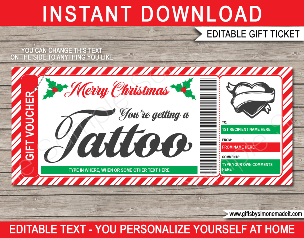 Christmas Heart Tattoo Gift Certificate Template | DIY Gift Voucher Card | Heart Tattoo Design | Editable & Printable | Print at Home | Last Minute Gift for Men | Instant Download via www.giftsbysimonemadeit.com