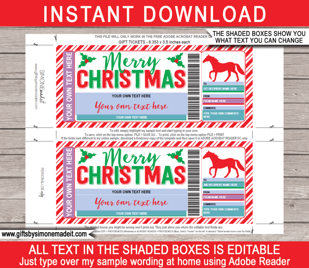 Christmas Horse Riding Voucher Template | Printable Lessons, Trail Rides, Horse Lease Gift Certificate Ticket Card ​| DIY Printable with Editable Text | INSTANT DOWNLOAD via giftsbysimonemadeit.com