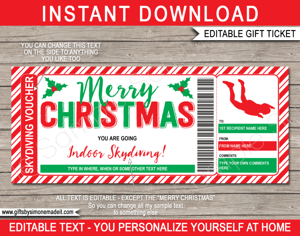Christmas Indoor Skydiving Ticket Template | Printable Gift Voucher Certificate | iFLY, Wind Tunnel, Bodyflight, Sky Diving Simulator | DIY with Editable Text | INSTANT DOWNLOAD via giftsbysimonemadeit.com