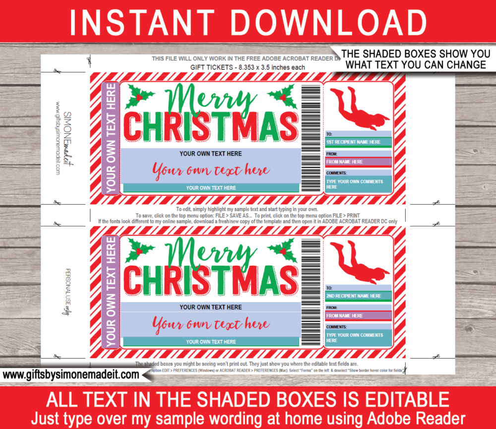 Christmas Indoor Skydiving Ticket Template | Printable Gift Voucher Certificate | iFLY, Wind Tunnel, Bodyflight, Sky Diving Simulator | DIY with Editable Text | INSTANT DOWNLOAD via giftsbysimonemadeit.com