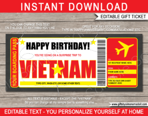 Birthday Vietnam Boarding Pass Template | Fake Plane Ticket | Surprise Trip Reveal Gift Idea | Vacation Travel Ticket | DIY Printable with Editable Text | INSTANT DOWNLOAD via giftsbysimonemadeit.com