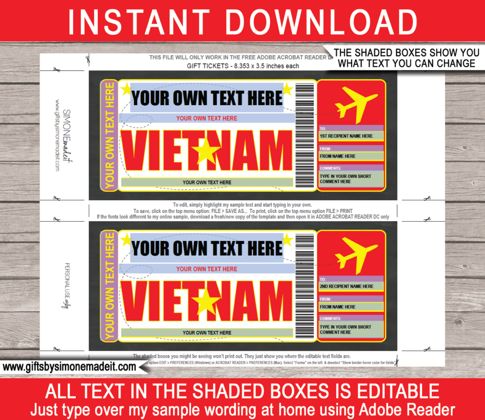 Birthday Vietnam Trip Boarding Pass Template | Fake Plane Ticket | Surprise Vacation Reveal Gift Idea | Travel Ticket | DIY Printable with Editable Text | INSTANT DOWNLOAD via giftsbysimonemadeit.com