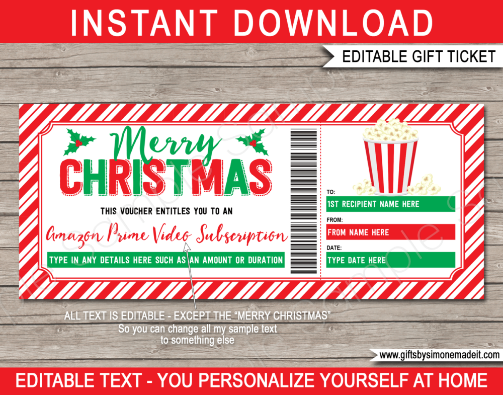 Amazon Prime Video Subscription Voucher | Online Movie TV Subscription Service Gift Certificate Card | DIY Printable with Editable Text | INSTANT DOWNLOAD via giftsbysimonemadeit.com