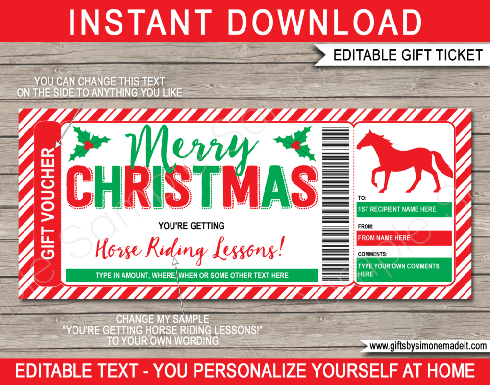 Christmas Horse Riding Voucher Template | Printable Lessons, Trail Rides, Horse Lease Gift Certificate Ticket Card ​| DIY Printable with Editable Text | INSTANT DOWNLOAD via giftsbysimonemadeit.com
