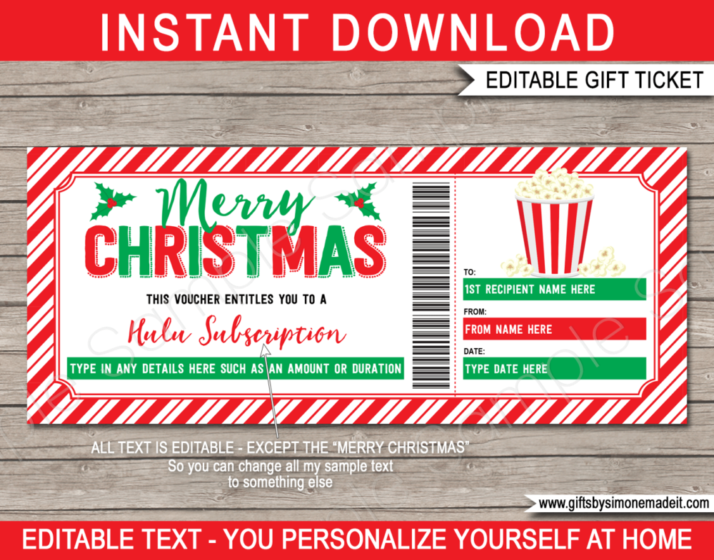 Hulu Subscription Voucher | Online Movie TV Subscription Service Gift Certificate Card | DIY Printable with Editable Text | INSTANT DOWNLOAD via giftsbysimonemadeit.com