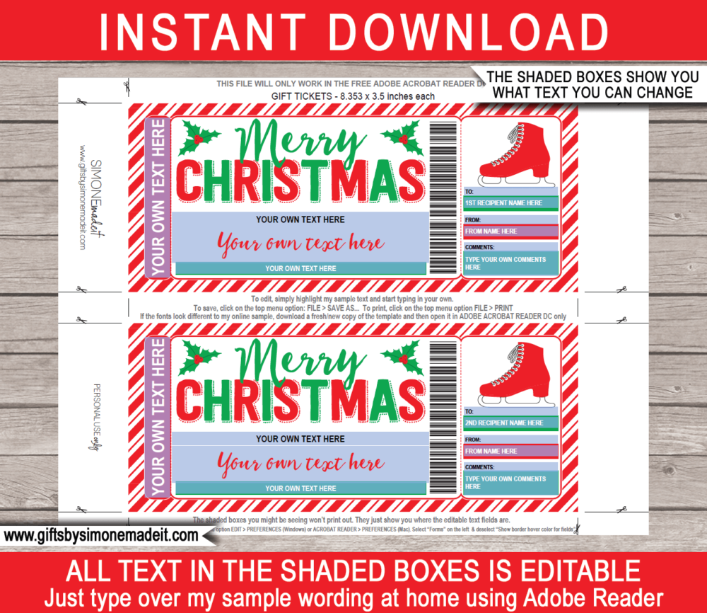 Christmas Ice Skating Ticket Template | DIY Printable Gift Voucher Certificate Card with Editable Text | Gift Idea | INSTANT DOWNLOAD via giftsbysimonemadeit.com