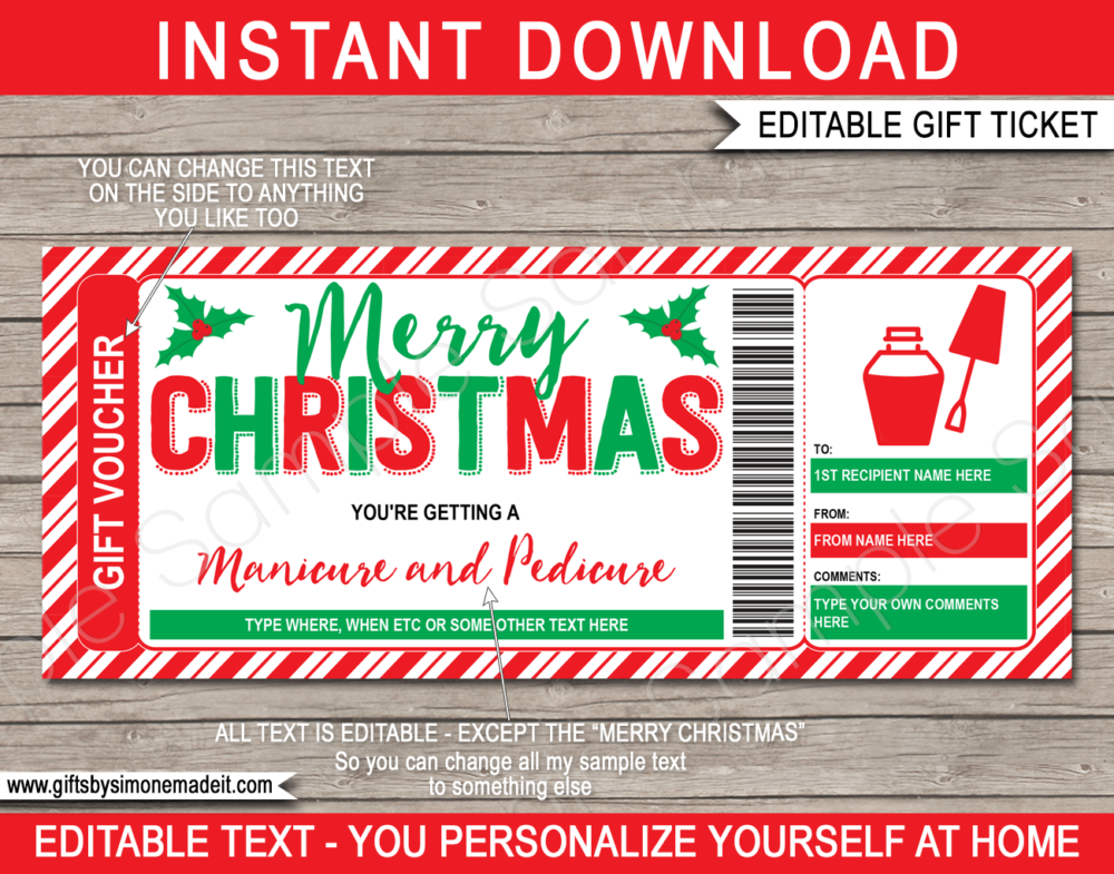 Christmas Manicure Pedicure Gift Certificate Template | Printable Gift Voucher Card with Editable Text | Gift Idea | Nail Spa Treatment | INSTANT DOWNLOAD via giftsbysimonemadeit.com