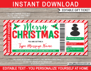 Christmas Massage Gift Voucher Template | Printable Gift Certificate Card with Editable Text | Gift Idea | Spa Treatment | INSTANT DOWNLOAD via giftsbysimonemadeit.com