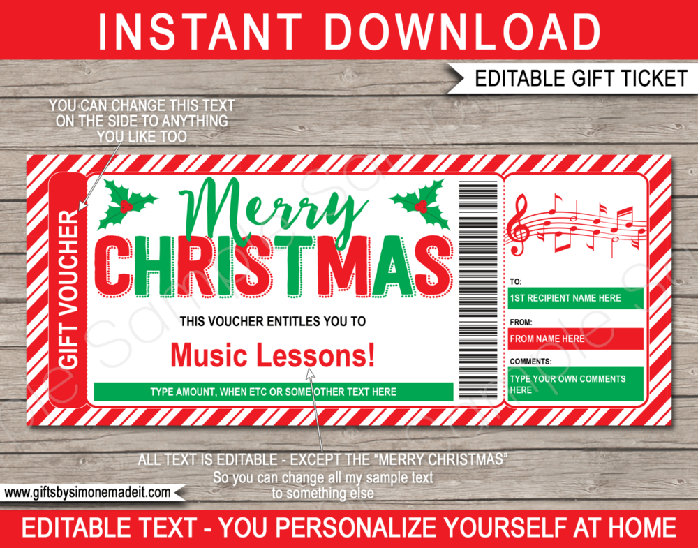 Christmas Music Lessons Voucher Template | Singing Guitar Piano Violin | Gift Certificate Card | DIY Printable with Editable Text | INSTANT DOWNLOAD via giftsbysimonemadeit.com