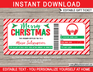 Christmas Music Streaming Subscription Voucher | Spotify Online Subscription Service Gift Certificate Card | DIY Printable with Editable Text | INSTANT DOWNLOAD via giftsbysimonemadeit.com