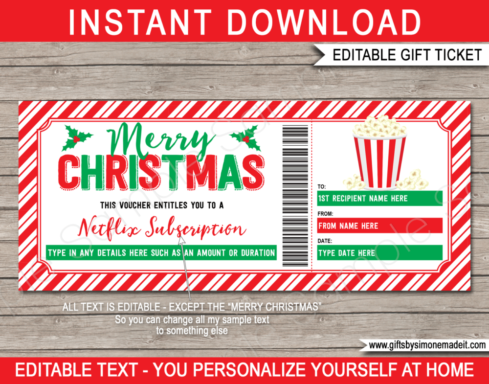 Netflix Subscription Voucher | Online Movie TV Subscription Service Gift Certificate Card | DIY Printable with Editable Text | INSTANT DOWNLOAD via giftsbysimonemadeit.com