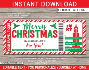 Christmas New York Trip Ticket Template | Surprise NY Vacation Reveal Gift Idea | Travel Ticket | DIY Printable with Editable Text | INSTANT DOWNLOAD via giftsbysimonemadeit.com