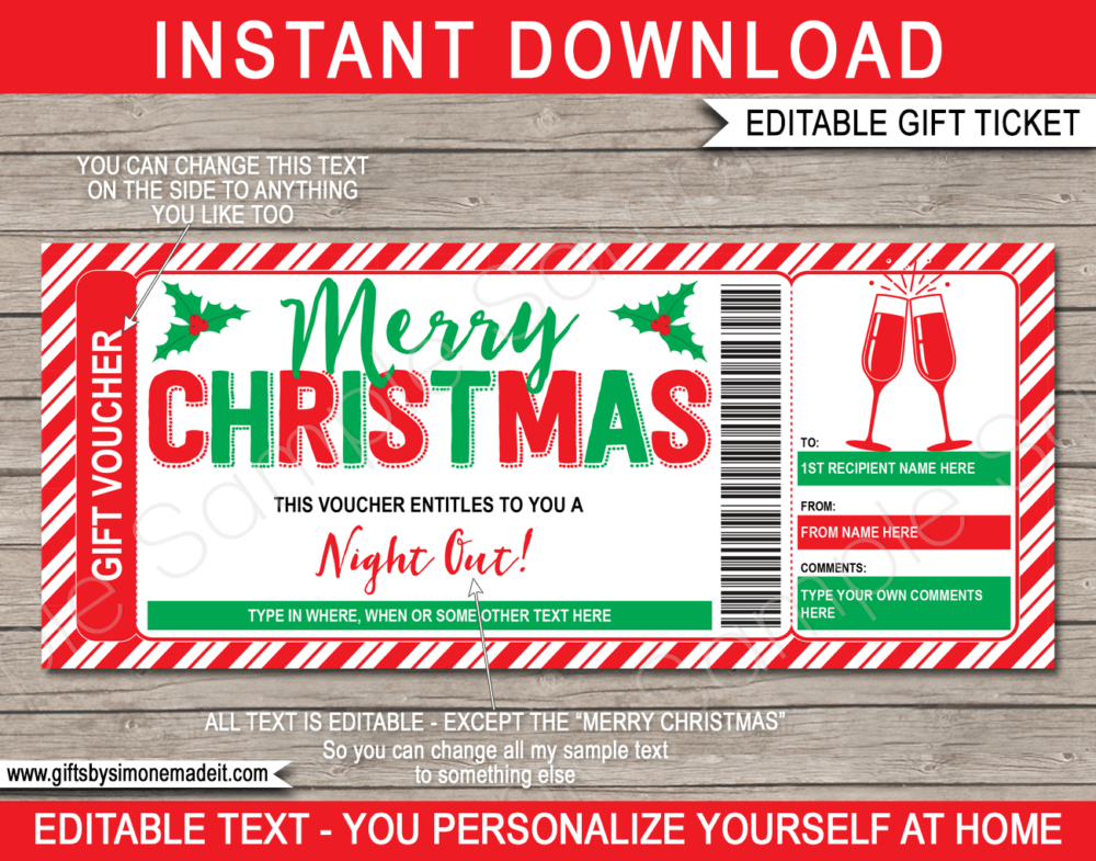 Christmas Night Out Gift Certificate Template | Champagne Brunch Lunch with the girls | Printable DIY Gift Voucher Ticket with Editable Text | INSTANT DOWNLOAD via gifsbysimonemadeit.com