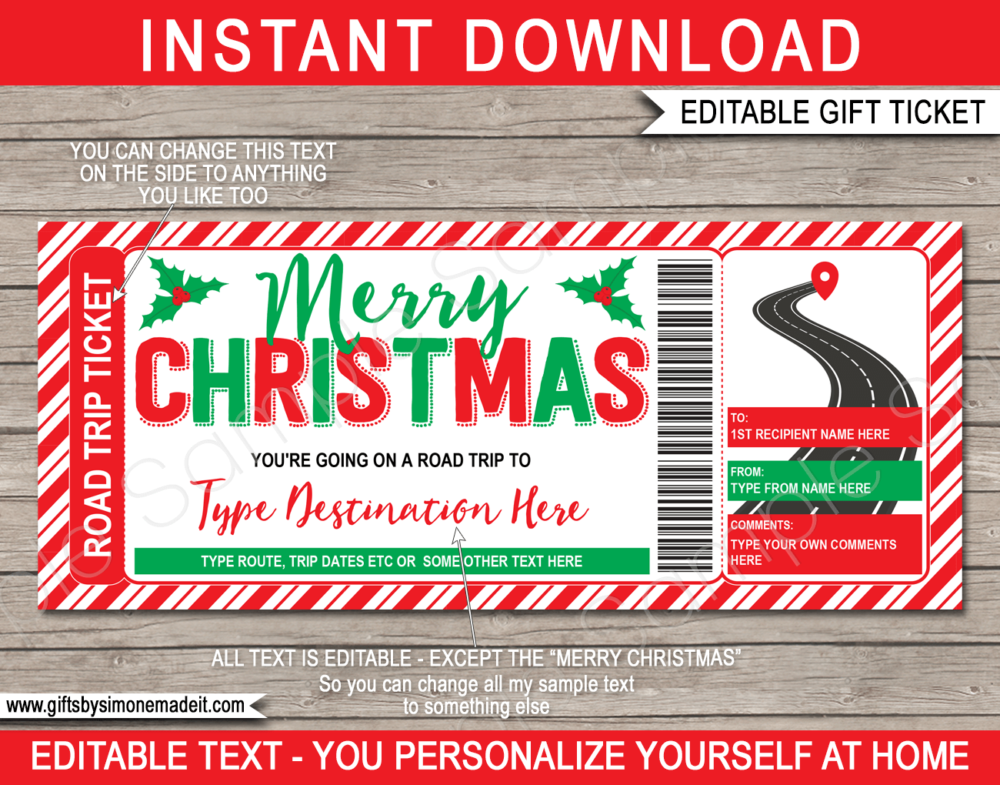 Christmas Surprise Road Trip Ticket Template | Printable Gift Voucher Certificate | Driving Holiday by Car, RV, Motorhome, Motorbike | DIY with Editable Text | INSTANT DOWNLOAD via giftsbysimonemadeit.com