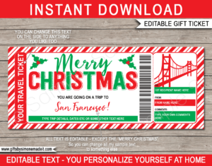 Christmas San Francisco Trip Ticket Template | Surprise Vacation Reveal Gift Idea | Golden Gate Bridge | Travel Ticket | DIY Printable with Editable Text | INSTANT DOWNLOAD via giftsbysimonemadeit.com