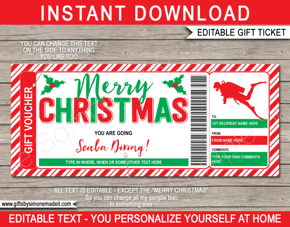 Christmas Scuba Diving Gift Certificate Template | Printable Gift Card Voucher Ticket | Gift Idea | DIY with Editable Text | INSTANT DOWNLOAD via giftsbysimonemadeit.com