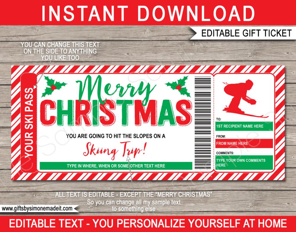 Christmas Skiing Ticket Template | Surprise Ski Trip Reveal Gift Idea | DIY Printable Gift Voucher, Certificate, Card with Editable Text | INSTANT DOWNLOAD via giftsbysimonemadeit.com