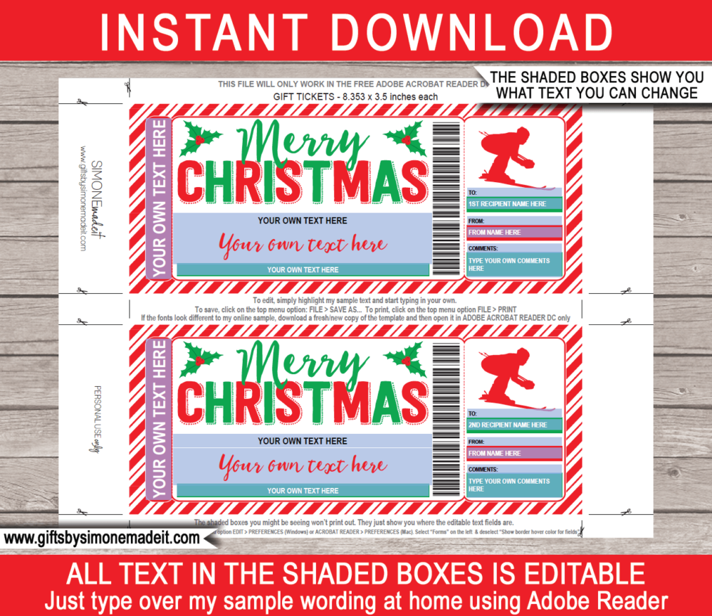 Christmas Skiing Ticket Template | Surprise Ski Trip Reveal Gift Idea | DIY Printable Gift Voucher, Certificate, Card with Editable Text | INSTANT DOWNLOAD via giftsbysimonemadeit.com