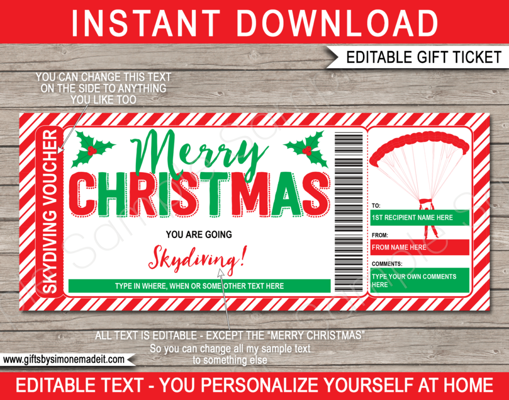 Christmas Skydiving Ticket Template | Printable Gift Voucher Certificate Card | DIY with Editable Text | INSTANT DOWNLOAD via giftsbysimonemadeit.com