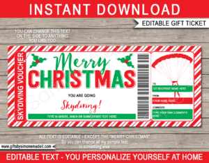 Christmas Skydiving Ticket Template | Printable Gift Voucher Certificate Card | DIY with Editable Text | INSTANT DOWNLOAD via giftsbysimonemadeit.com