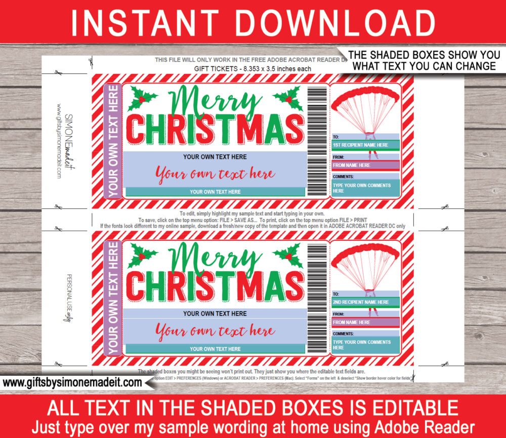 Christmas Skydiving Ticket Template | Printable Gift Voucher Certificate Card | DIY with Editable Text | INSTANT DOWNLOAD via giftsbysimonemadeit.com