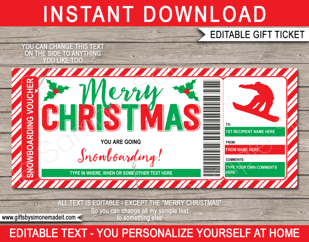 Christmas Snowboarding Gift Voucher Template | Printable Ski Ticket | Ski Trip Reveal Gift Idea | DIY Gift Certificate Card with Editable Text | INSTANT DOWNLOAD via giftsbysimonemadeit.com