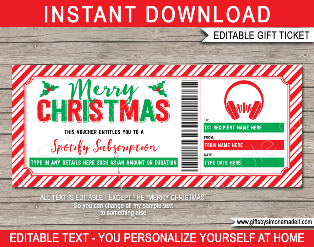Spotify Subscription Voucher | Online Music Subscription Service Gift Certificate Card | DIY Printable with Editable Text | INSTANT DOWNLOAD via giftsbysimonemadeit.com