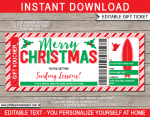 Christmas Surfing Lessons Gift Voucher Template | Printable Gift Certificate Ticket | Surf Trip | DIY Printable with Editable Text | INSTANT DOWNLOAD via giftsbysimonemadeit.com