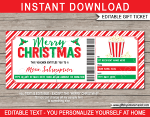 Christmas TV Streaming Subscription Voucher | Netflix, Disney+, Hulu, Amazon Prime, Apple TV Online Movie Subscription Service Gift Certificate Card | DIY Printable with Editable Text | INSTANT DOWNLOAD via giftsbysimonemadeit.com