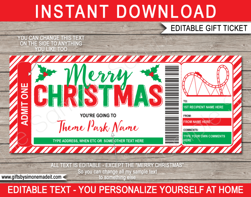 Christmas Theme Park Ticket Template | Printable Amusement Park Gift Voucher, Certificate, Card with Editable Text | INSTANT DOWNLOAD via giftsbysimonemadeit.com