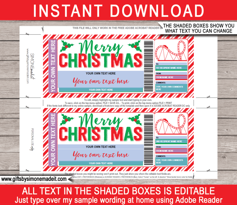 Christmas Theme Park Ticket Template | Printable Amusement Park Gift Voucher, Certificate, Card with Editable Text | INSTANT DOWNLOAD via giftsbysimonemadeit.com