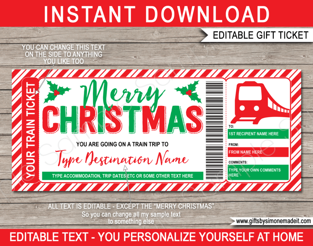 Christmas Train Boarding Pass Template | Printable Train Ticket | Surprise Trip Reveal Gift Idea | DIY with Editable Text | Last Minute | Instant Download via giftsbysimonemadeit.com