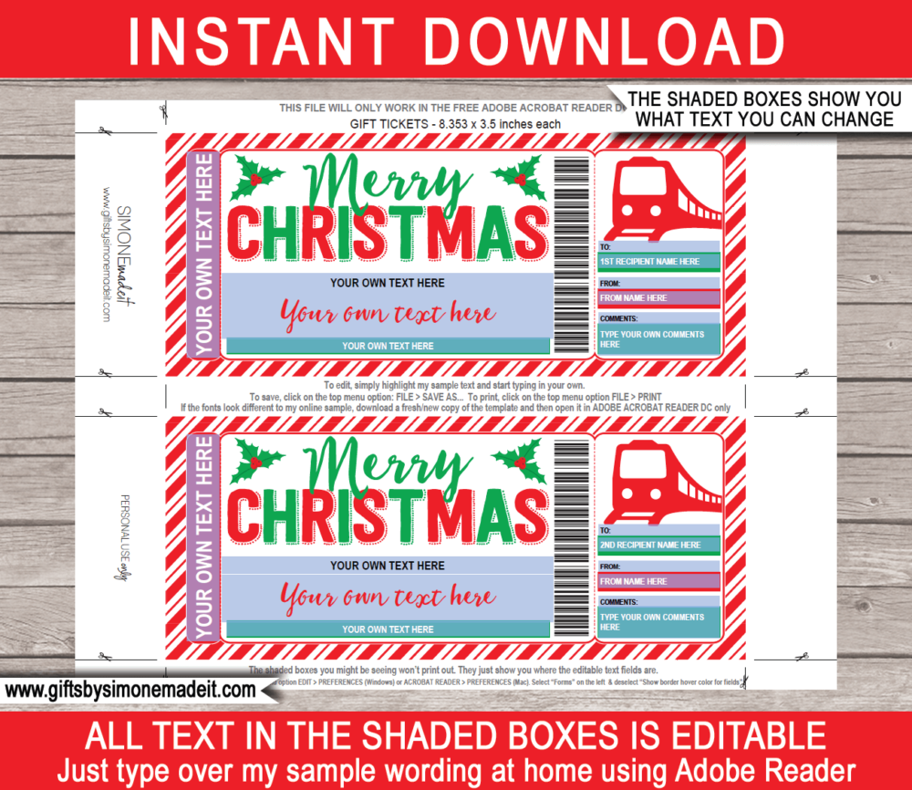 Christmas Train Boarding Pass Template | Printable Train Ticket | Surprise Trip Reveal Gift Idea | DIY with Editable Text | Last Minute | Instant Download via giftsbysimonemadeit.com