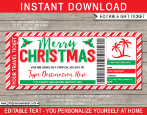 Christmas Tropical Vacation Ticket Template | Surprise Beach Holiday Trip Reveal Gift Idea | DIY Printable with Editable Text | INSTANT DOWNLOAD via giftsbysimonemadeit.com