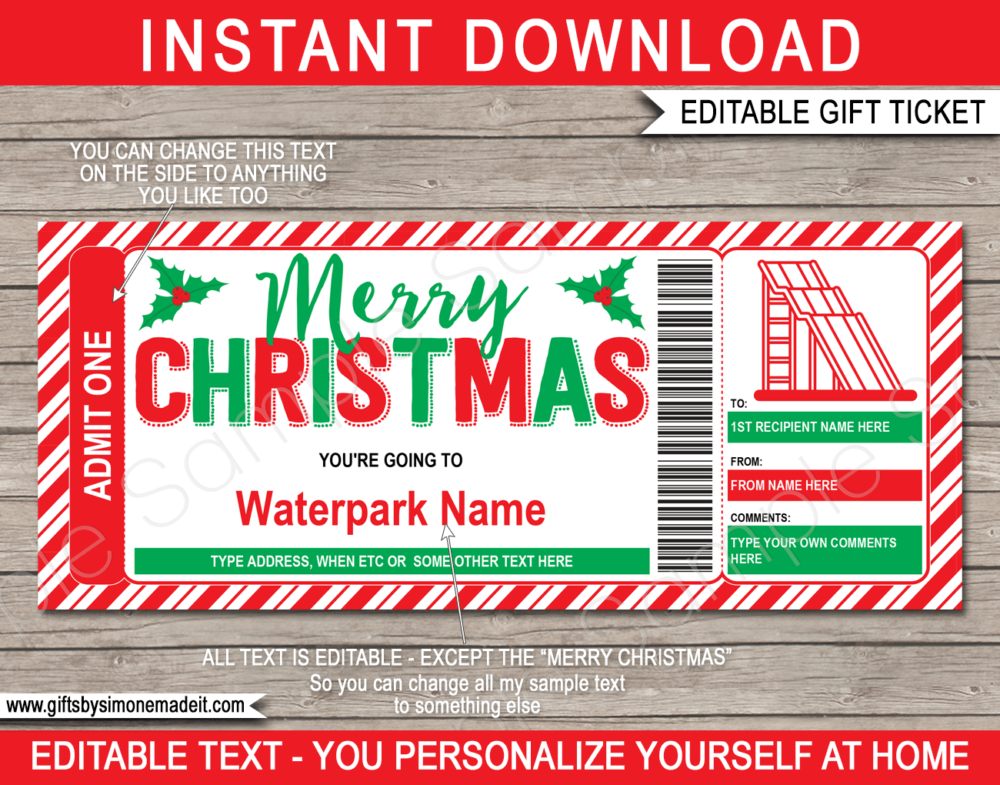 Christmas Water Park Ticket Template | DIY Printable Waterpark Gift Voucher, Certificate, Card with Editable Text | INSTANT DOWNLOAD via giftsbysimonemadeit.com