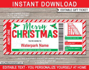 Christmas Water Park Ticket Template | DIY Printable Waterpark Gift Voucher, Certificate, Card with Editable Text | INSTANT DOWNLOAD via giftsbysimonemadeit.com