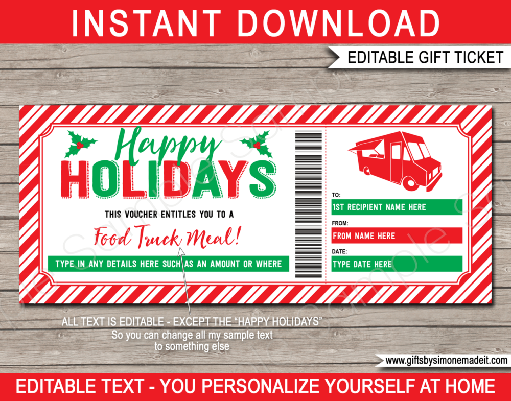 Holiday Food Truck Ticket Template | Printable Meal Voucher Certificate | DIY Gift Card Certificate with Editable Text | Dinner Lunch Ticket for Staff, Work Colleagues, Teacher Appreciation | Restaurant Dining | INSTANT DOWNLOAD via giftsbysimonemadeit.com