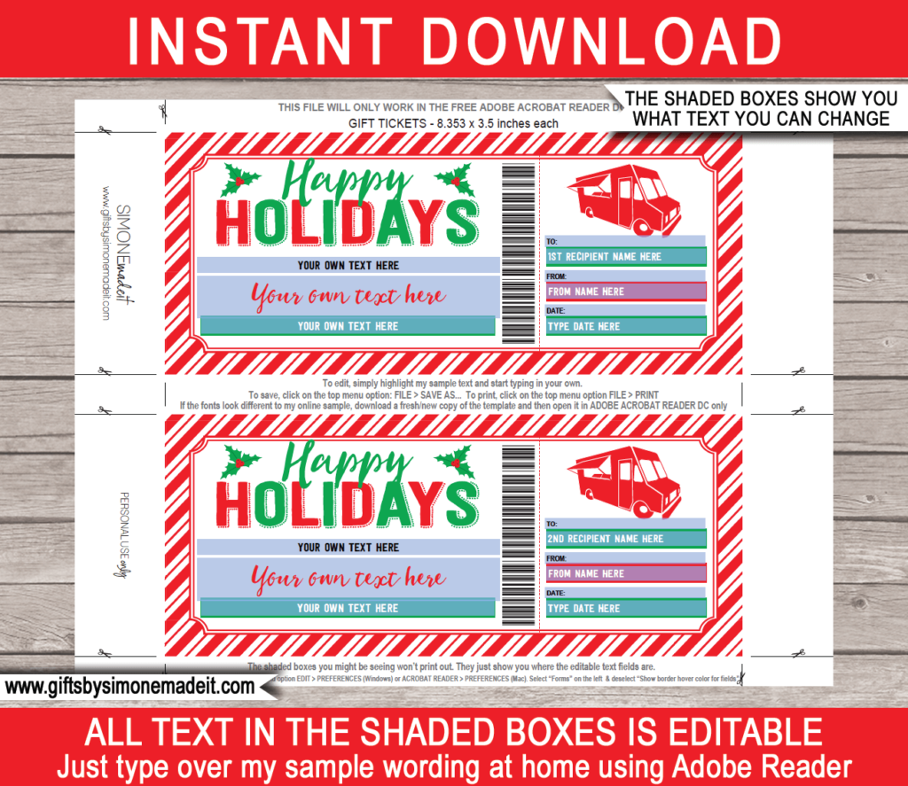 Holiday Food Truck Ticket Template Printable Meal Voucher Certificate