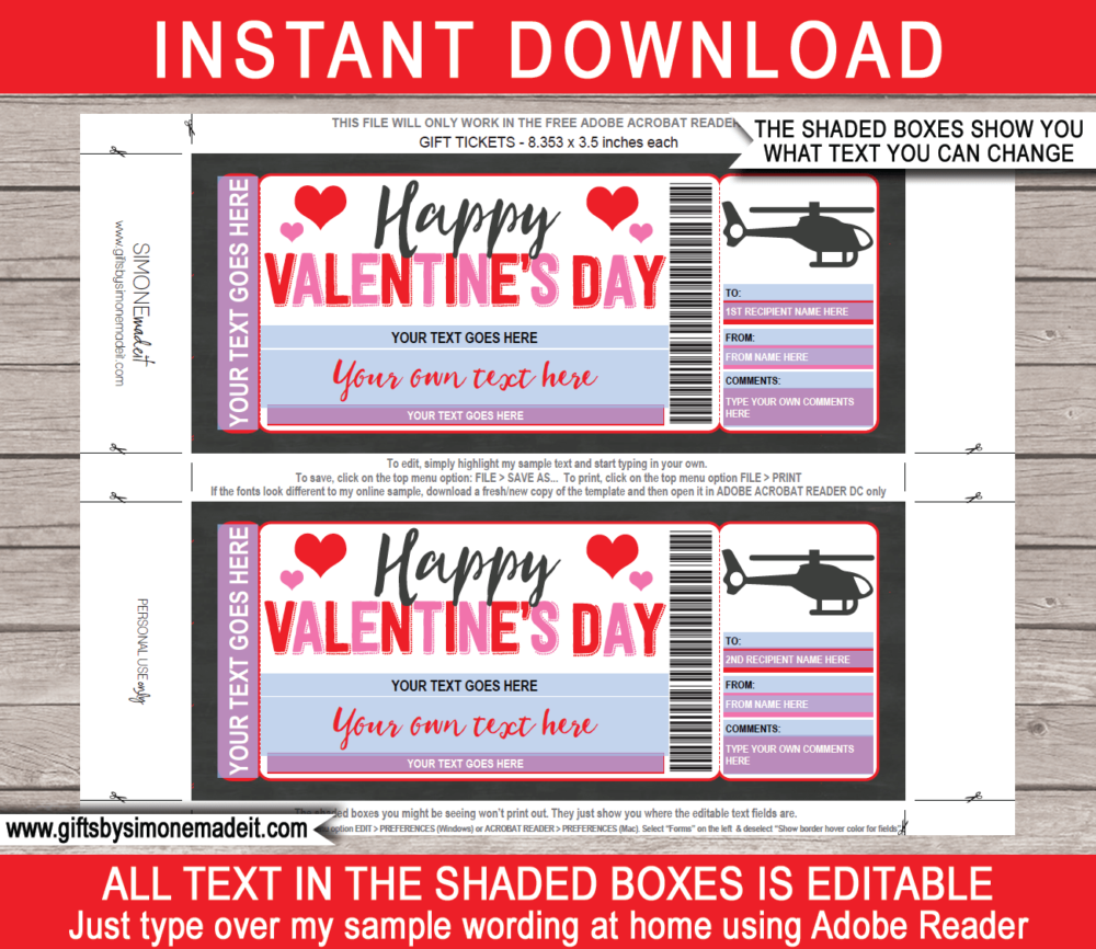 Printable Valentine's Day Helicopter Gift Ticket Template | Printable Voucher, Certificate, Card | Gift Idea | DIY with Editable Text | INSTANT DOWNLOAD via www.giftsbysimonemadeit.com