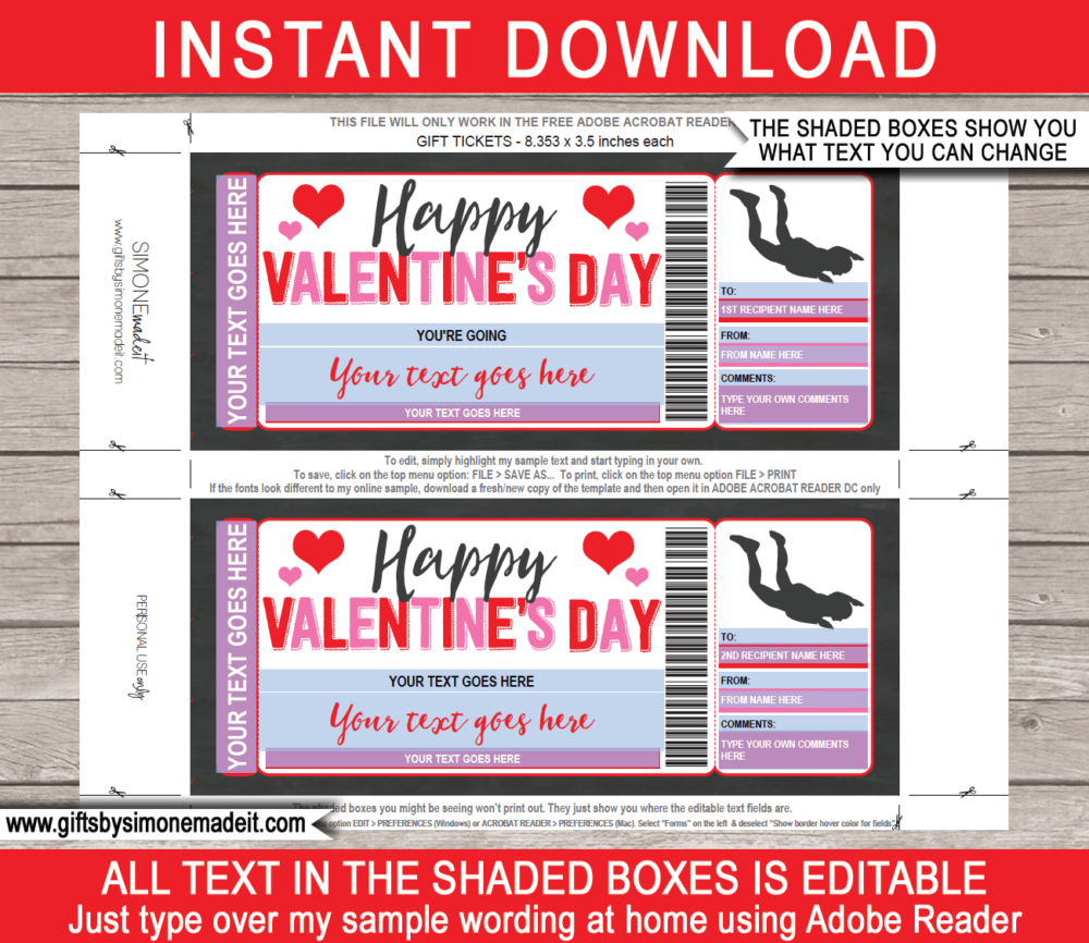 Valentine's Day Indoor Skydiving Ticket Template | Printable Gift Voucher Certificate | iFLY, Wind Tunnel, Bodyflight, Sky Diving Simulator | DIY with Editable Text | INSTANT DOWNLOAD via giftsbysimonemadeit.com