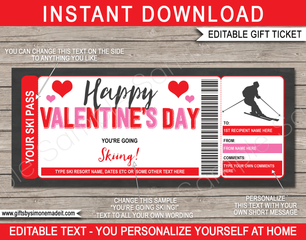 Valentine's Day Skiing Ticket Template | Surprise Ski Trip Reveal Gift Idea | DIY Printable Gift Voucher, Certificate, Card with Editable Text | INSTANT DOWNLOAD via giftsbysimonemadeit.com